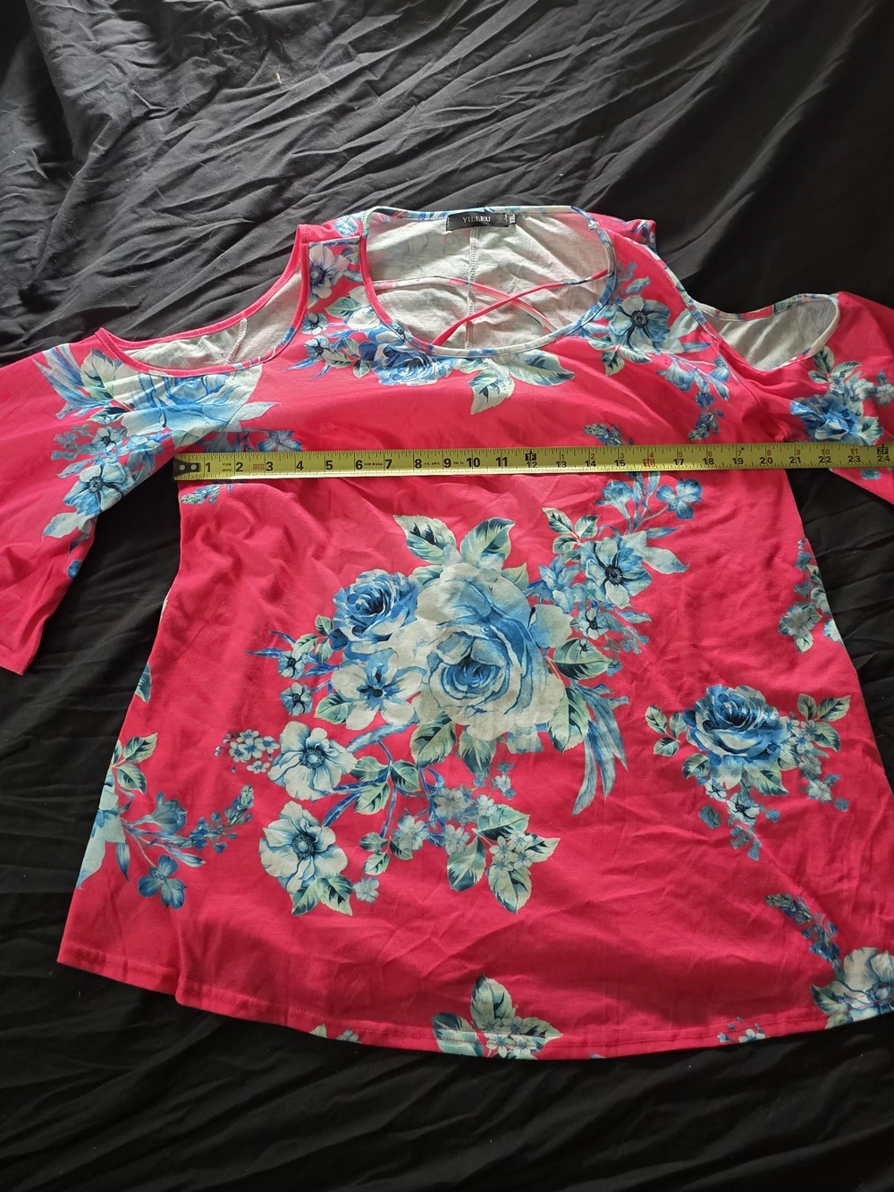 Bright Pink Floral Cold-Shoulder Top with Blue Roses